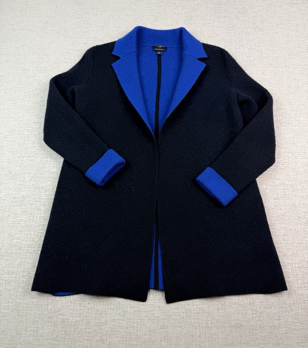 Talbots Petites SP Merino Wool Coatigan Black Cobalt Blue Colorblock